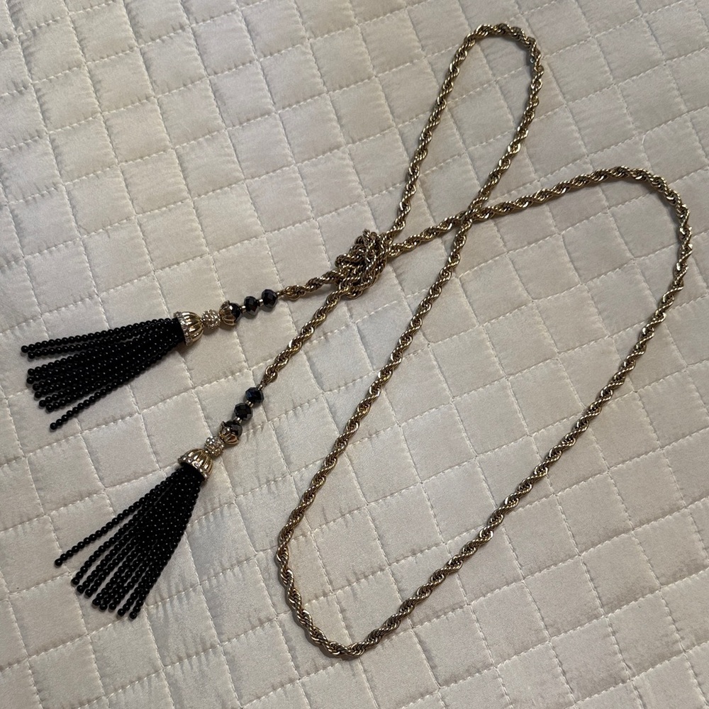 Crystal & Rhinestone Lariat Tassel Necklace - Gold and Black
